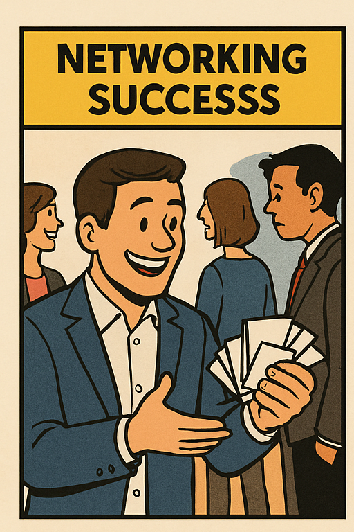 Panel 1: Man successfully networking and collecting business cards
